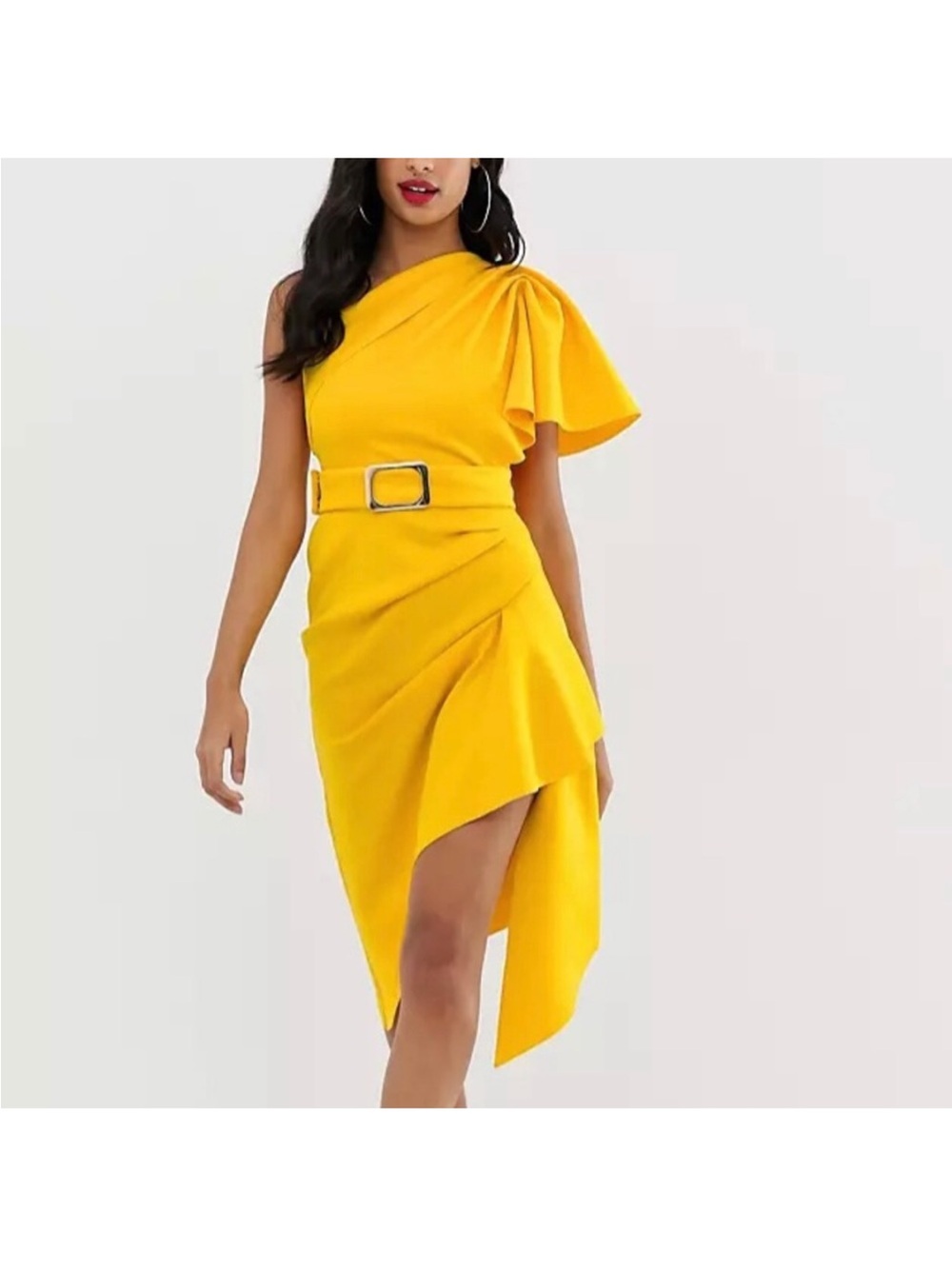 ASOS Design One Shoulder Belted Dress Tuck Detail - Picture 3 of 14